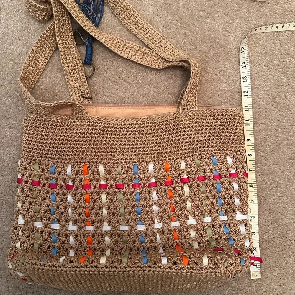 The Sak Y2K 90s Knit Crochet w/ Woven Ribbons Tan & Rainbow Purse. - Picture 7 of 10